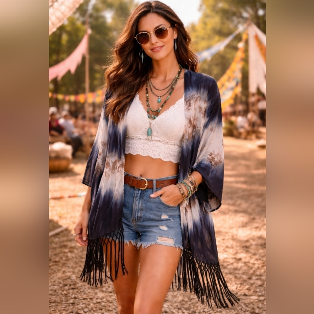 Gamiss Navy and Brown Tie-Dye Fringe Cardigan Large Boho Hippie Festival